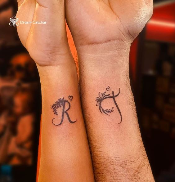 Initial Letters RT with Heart Matching Wrist Tattoos