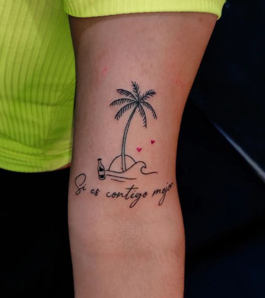Palm Tree and Bad Bunny Song Lyric Biceps Tattoo