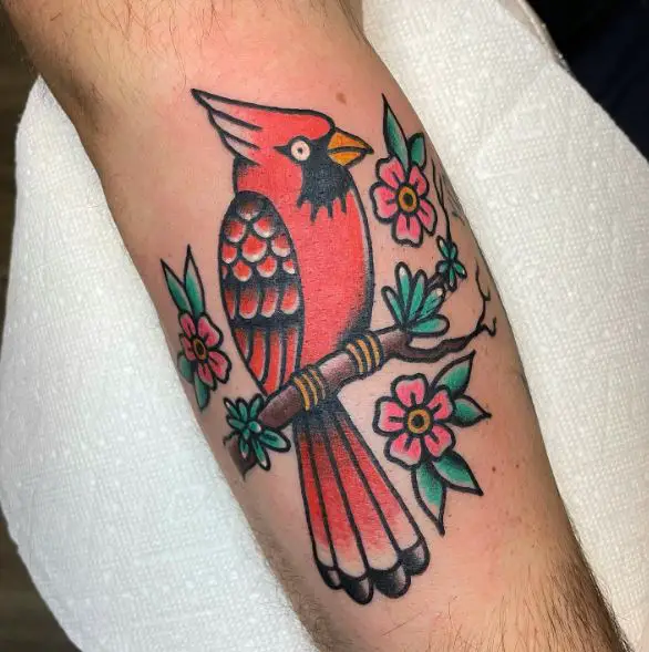Traditional Cardinal on Branch with Flowers Arm Tattoo