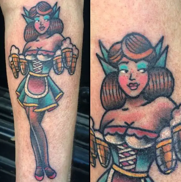 Colorful Waitress with Beer Mugs Tattoo