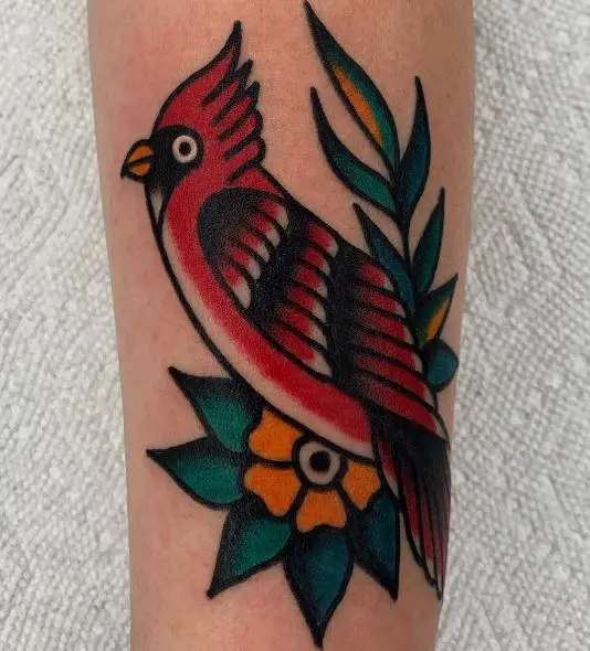 Traditional Flower and Cardinal Forearm Tattoo