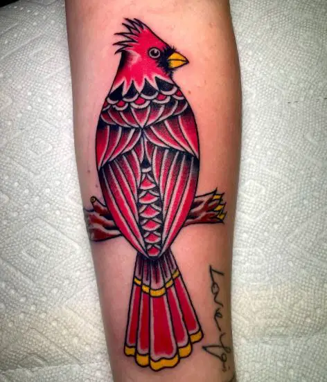 Traditional Cardinal on Branch Forearm Tattoo