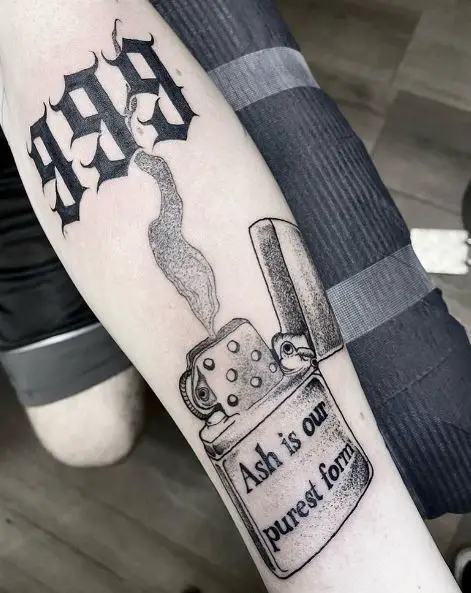 Zippo Lighter and 999 Forearm Tattoo