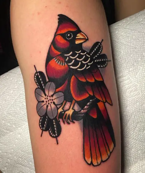 Violet Flower and Traditional Cardinal on Branch Arm Tattoo
