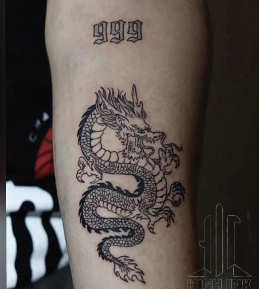 Black and Grey Dragon and 999 Forearm Tattoo