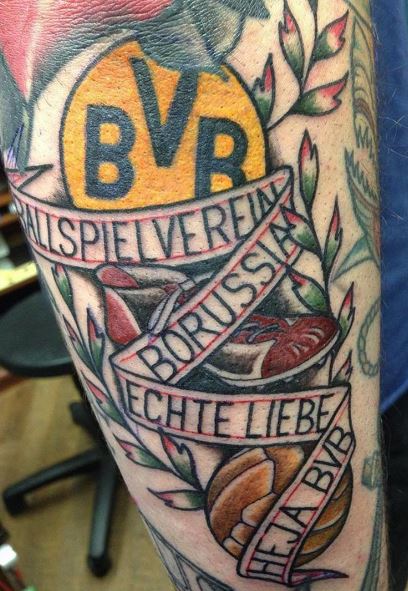 Borussia Dortmund Logo and Vintage Football Ball Arm Sleeve Tattoo