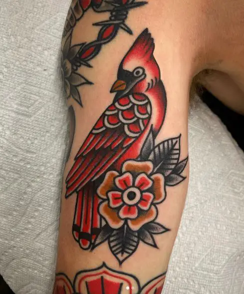 Traditional Colored Flower and Cardinal Biceps Tattoo
