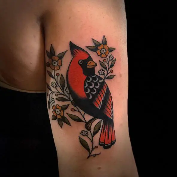 Traditional Colorful Flowers and Cardinal Biceps Tattoo