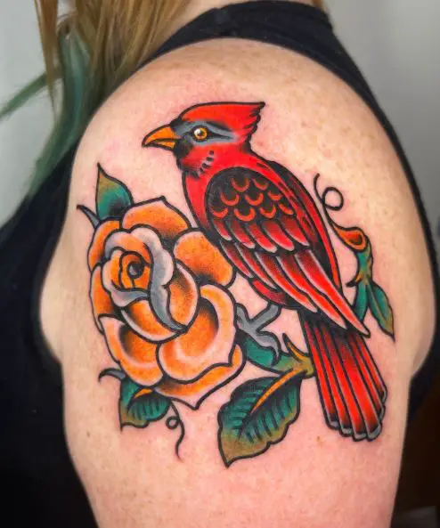 Yellow Rose and Red Cardinal Shoulder Tattoo