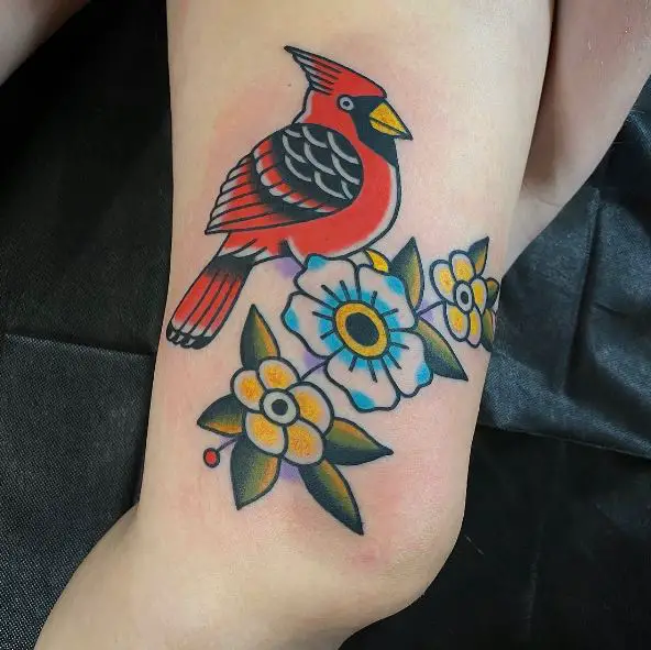 Colorful Flowers and Cardinal Knee Tattoo