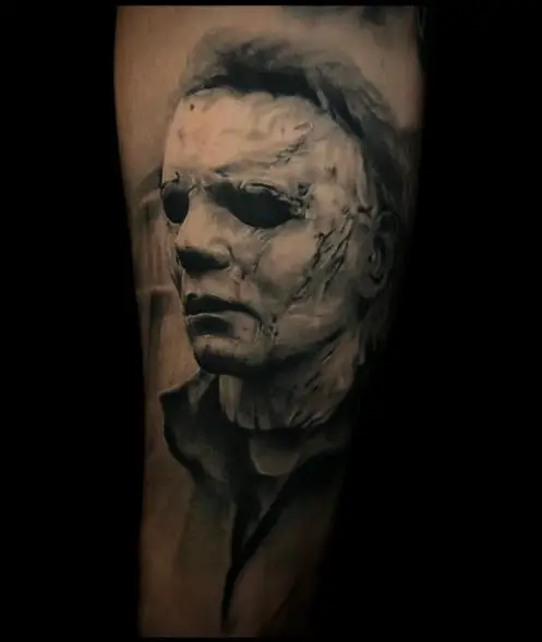 Black and Grey Michael Myers Portrait Forearm Tattoo