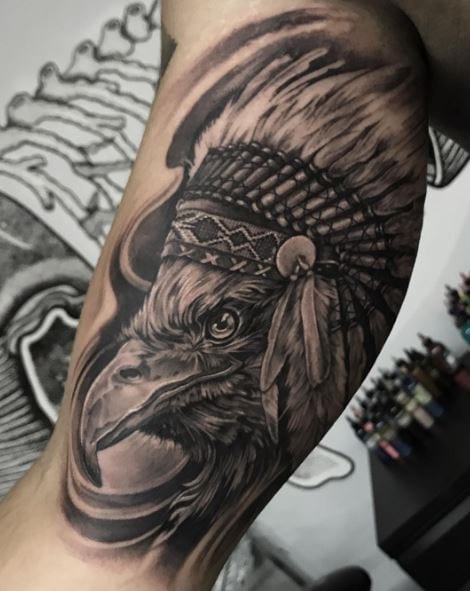 Native American Eagle with Feathers Hat Arm Tattoo