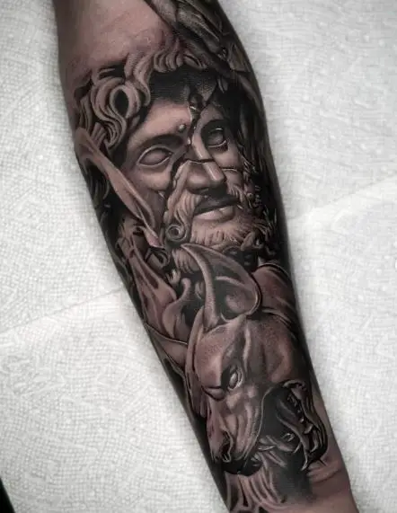 Cerberus and Hades Statue Forearm Sleeve Tattoo