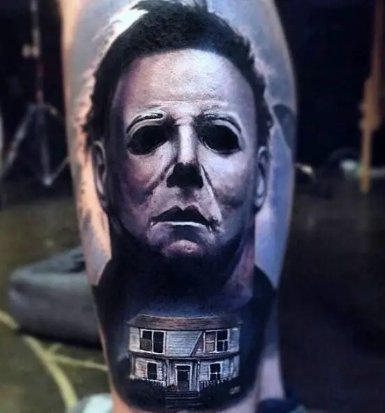 House and Michael Myers Portrait Calf Tattoo