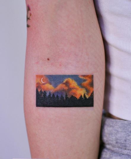 Colorful Minimalistic Night Forest Landscape Forearm Tattoo