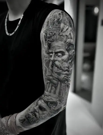 Parthenon and Hades Statue Arm Sleeve Tattoo