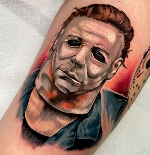 Colorful Michael Myers Portrait Forearm Tattoo