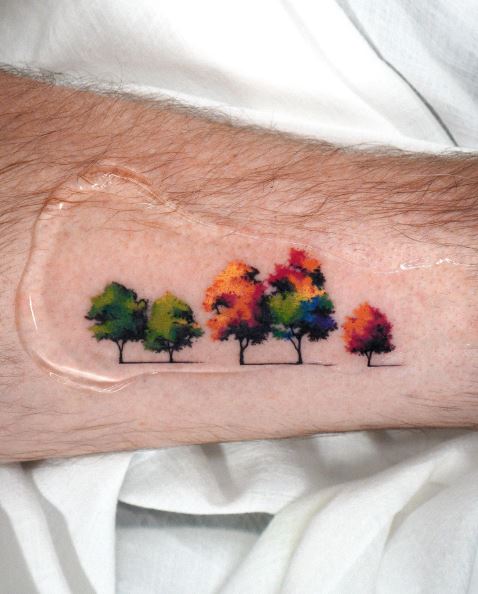 Colorful Minimalistic Trees Forearm Tattoo