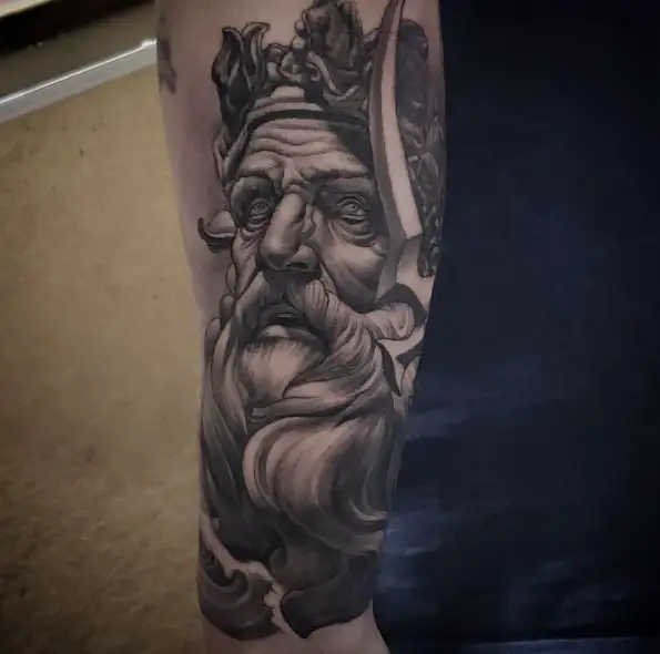 Black and Grey Hades Statue Forearm Tattoo
