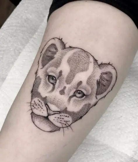 Shaded Lion Cub Head Leg Tattoo