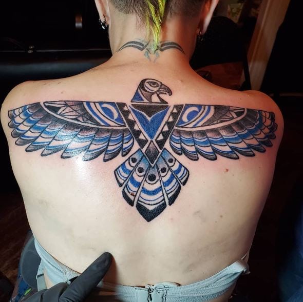 Colored Traditional Native American Eagle Back Tattoo