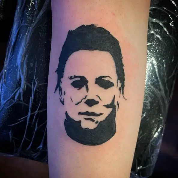 Black and White Michael Myers Portrait Forearm Tattoo