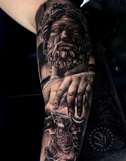 Cerberus and Hades Statue Forearm Sleeve Tattoo