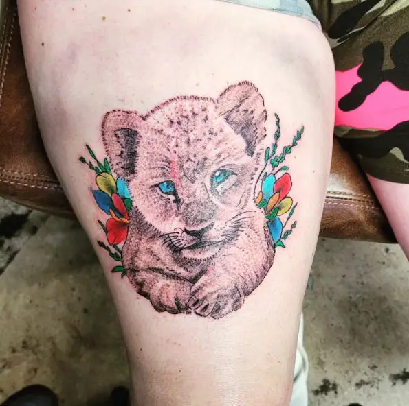 Colorful Flowers and Lion Cub with Blue Eyes Thigh Tattoo