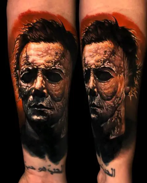 Colorful Michael Myers Portrait Forearm Tattoo
