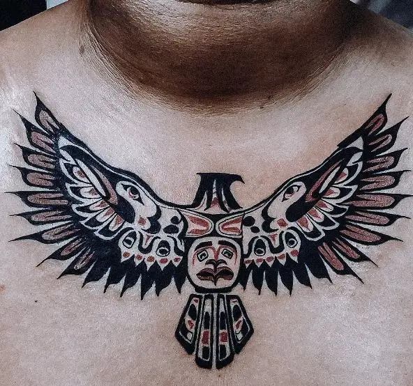 Traditional Ornamented Native American Eagle Chest Tattoo