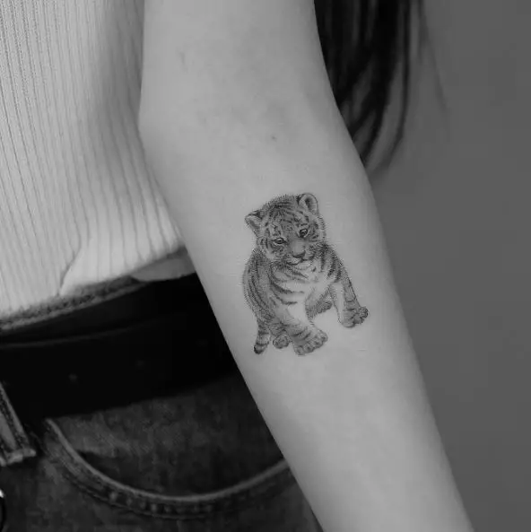 Black and Grey Tiger Cub Forearm Tattoo