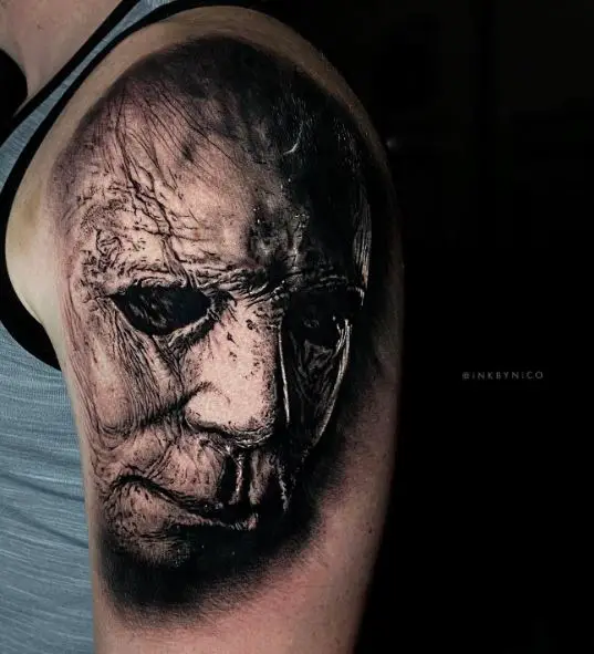 Shaded Michael Myers Portrait Arm Tattoo