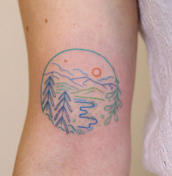Colorful Mountain Forest Biceps Tattoo