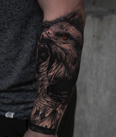 Indian Village and Native American Eagle Forearm Tattoo