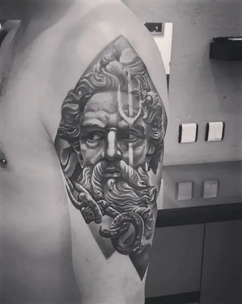 Black and Grey Chain and Hades Statue Arm Tattoo
