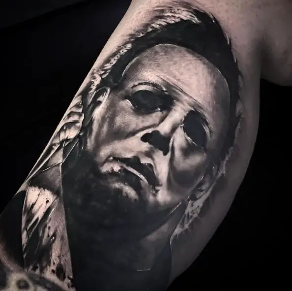 Grey Shaded Michael Myers Portrait Calf Tattoo