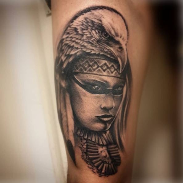 Indian Woman and Native American Eagle Forearm Tattoo
