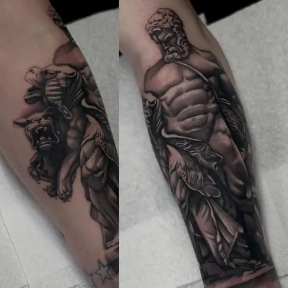 Statue of Hades with Cerberus Forearm Tattoo