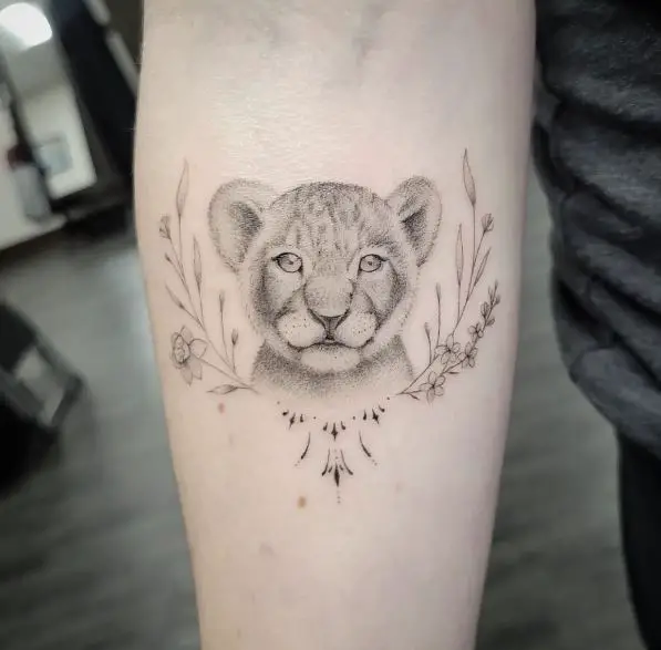 Black and Grey Flowers and Lion Cub Forearm Tattoo