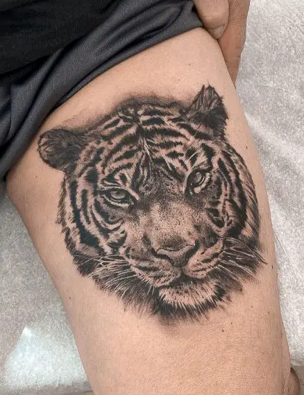 Realistic Tiger Face Thigh Tattoo