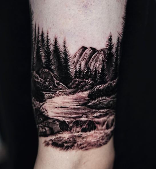 Mountain River and Detailed Forest Arm Tattoo