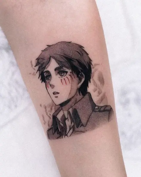 Black and Grey Eren Yeager Forearm Tattoo