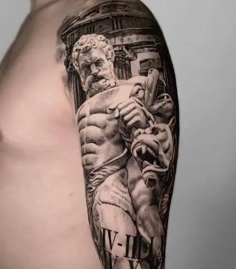 Statue of Hades with Cerberus Arm Sleeve Tattoo