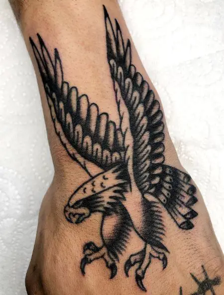 Black and Grey Native American Eagle Hand Tattoo