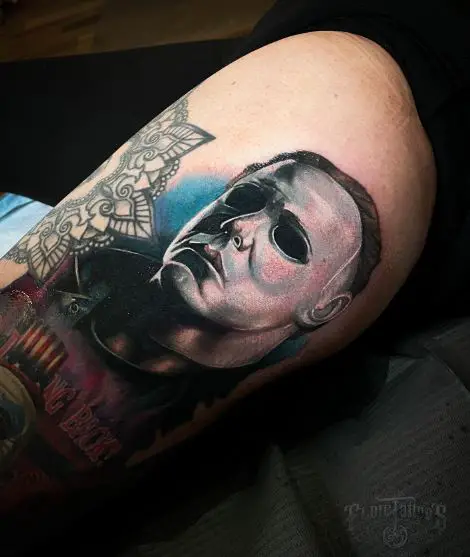 Colored Michael Myers Portrait Leg Tattoo
