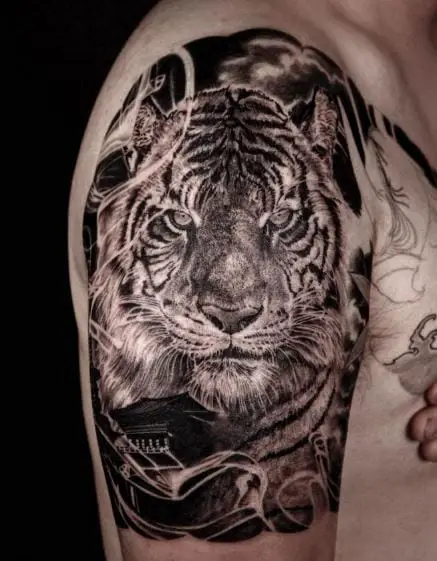 Temple and Tiger Face Arm Tattoo