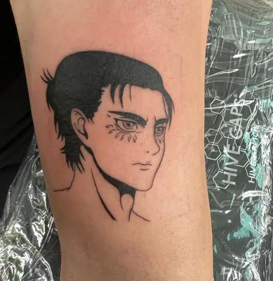 Black and Grey Eren Yeager Biceps Tattoo