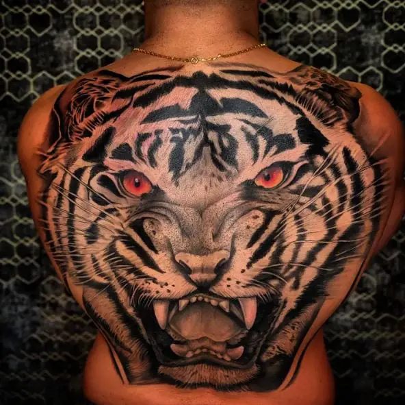Angry Tiger Face Full Back Tattoo