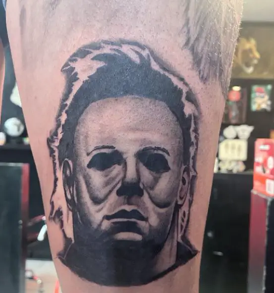Black and Grey Michael Myers Portrait Thigh Tattoo