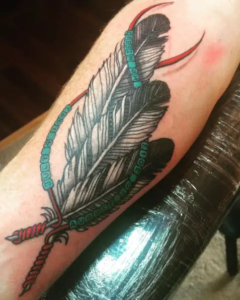 Native American Eagle Feathers with Dates Arm Tattoo